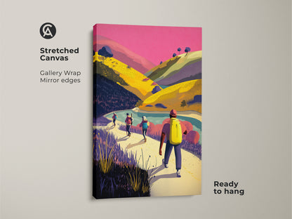 Stretched canvas of mountain landscape art with hikers. The gallery wrap features mirror edges and is ready to hang. This adventure travel print showcases pink yellow and green artwork. A colorful hikers poster perfect for scenic nature decor. Bring a touch of nature and wanderlust to your home with this contemporary art.