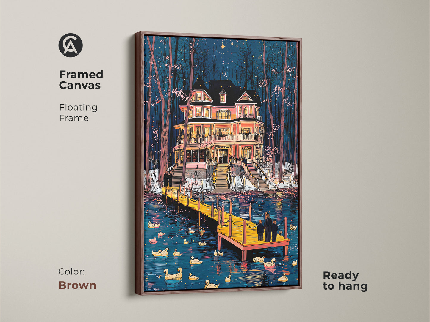 Brown Framed Canvas featuring a Victorian Mansion artwork near a serene Duck Lake. Floating frame is ready to hang. Blue and pink hues create an eclectic touch. Night sky lakeside scene in elegant style.