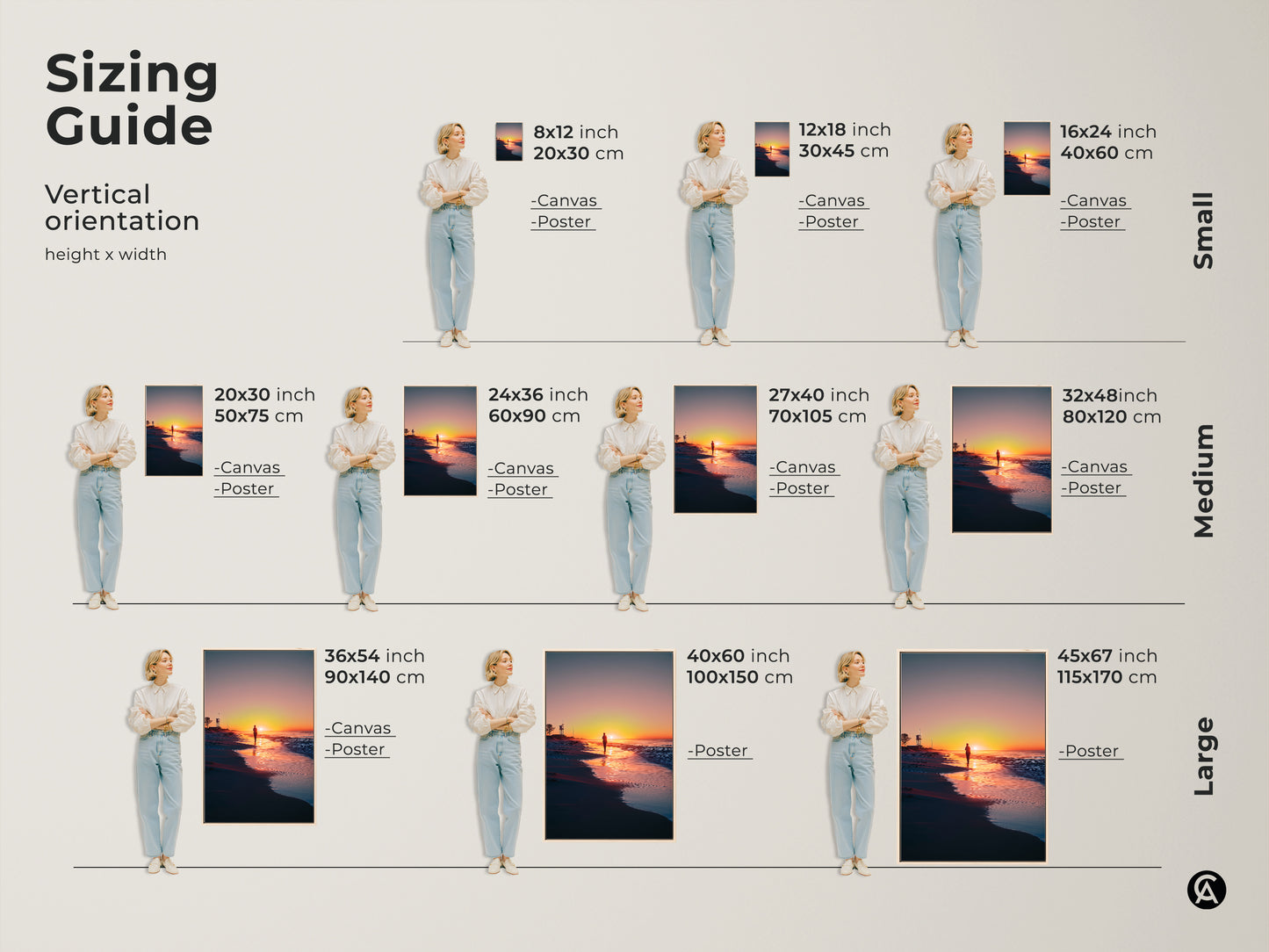 Find the perfect size for beach sunset wall art. See vertical orientation sizing guide canvas and poster options. Models display 8x12 to 45x67 inch prints. Each print has a solitary walker and lifeguard tower. Select small medium or large sizes.