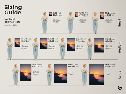 Find the perfect size for beach sunset wall art. See vertical orientation sizing guide canvas and poster options. Models display 8x12 to 45x67 inch prints. Each print has a solitary walker and lifeguard tower. Select small medium or large sizes.
