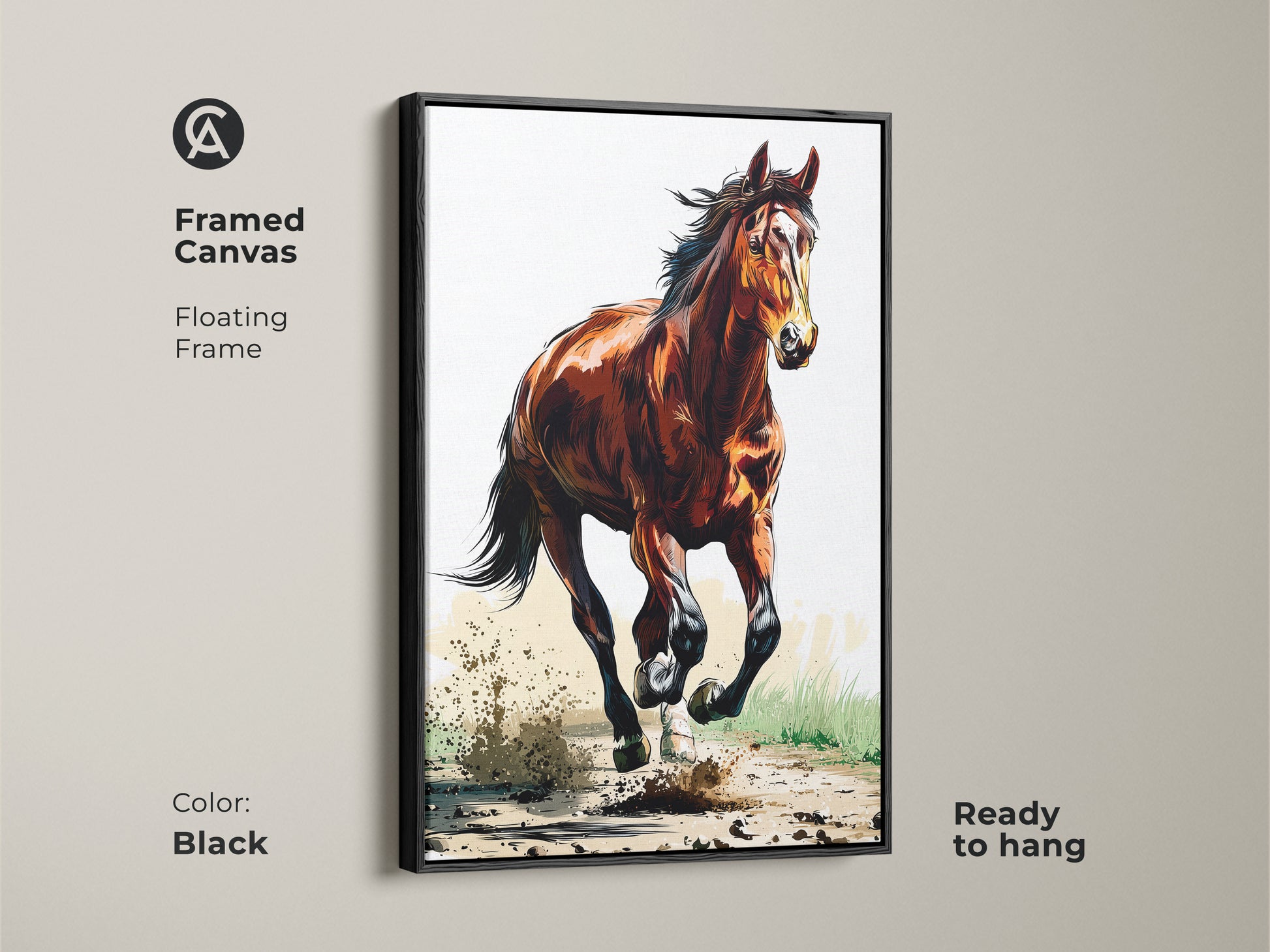 Framed canvas featuring a galloping horse in black. This sienna brown horse art adds rustic equestrian charm. The animal action artwork is ready to hang. Perfect bedroom decor for horse lovers. It's a great country style wall decor piece.