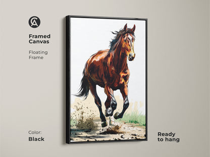 Framed canvas featuring a galloping horse in black. This sienna brown horse art adds rustic equestrian charm. The animal action artwork is ready to hang. Perfect bedroom decor for horse lovers. It's a great country style wall decor piece.