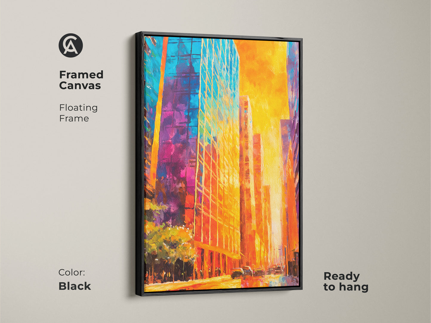 Framed canvas print of a vibrant city in a black floating frame. This stunning artwork captures the energy of a cityscape. The framed canvas is ready to hang. Elevate your decor with urban art. Explore framed art for sale