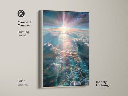 Framed canvas art of a vibrant sky and clouds. The white floating frame gives a clean modern look. This ready-to-hang artwork is perfect for any space. It brings a sense of tranquility and wonder.
