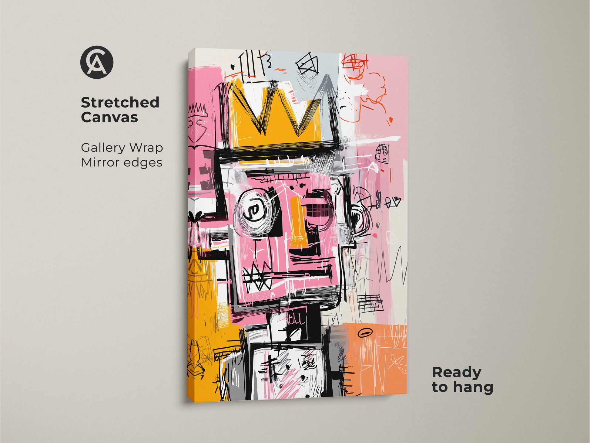 Stretched canvas print showcasing a modern abstract figure with a crown. The gallery-wrapped canvas has mirrored edges. It's ready to hang. This bold artwork adds an artistic touch to any room.