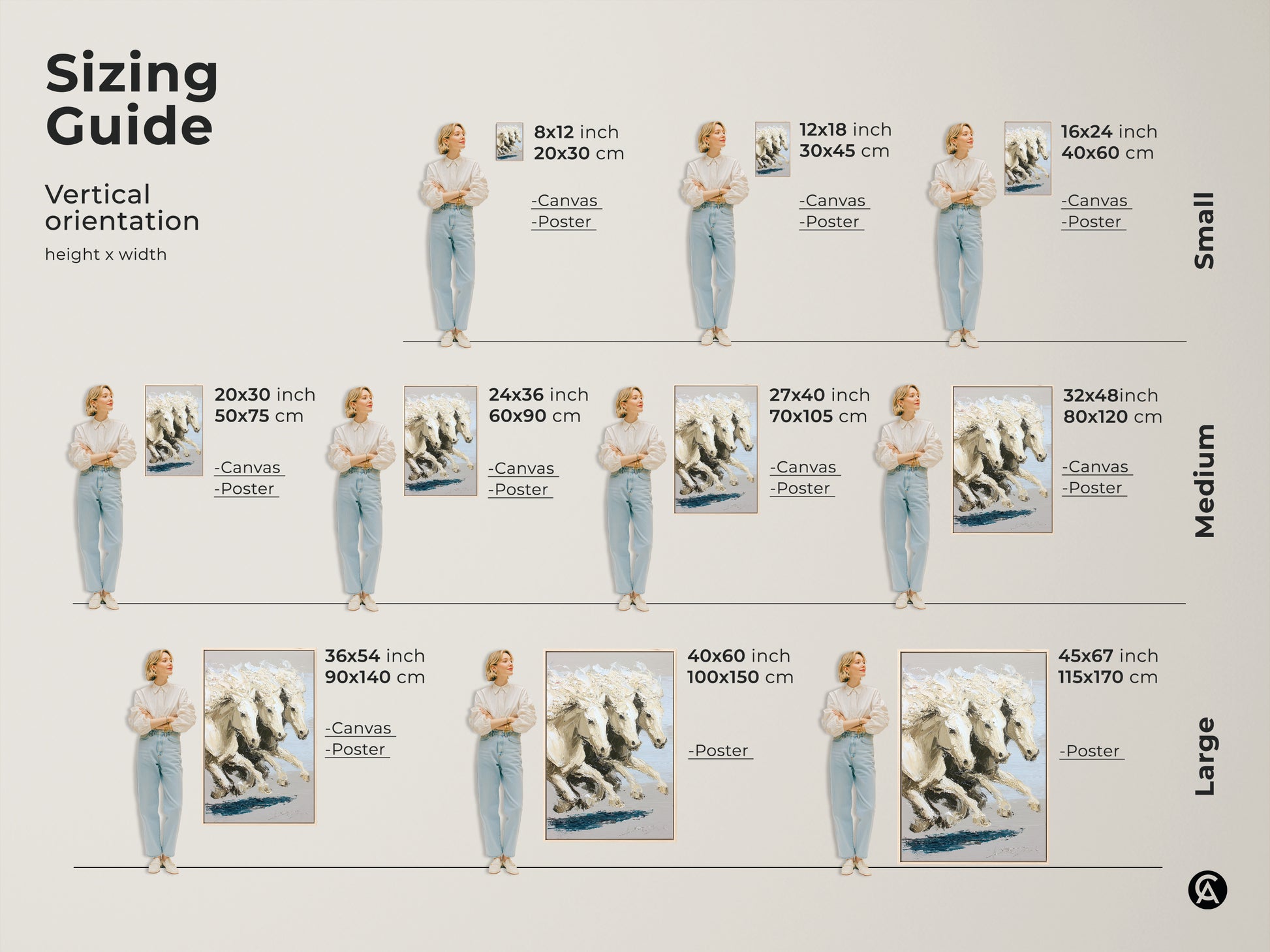 Sizing guide for vertical orientation of galloping white horses art available in small medium and large. Select the ideal size for your space from 8x12 inch to 45x67 inch options in canvas or poster prints. This contemporary animal artwork is perfect for bedroom wall decor horses.