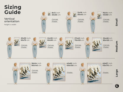 Sizing guide for vertical orientation of galloping white horses art available in small medium and large. Select the ideal size for your space from 8x12 inch to 45x67 inch options in canvas or poster prints. This contemporary animal artwork is perfect for bedroom wall decor horses.