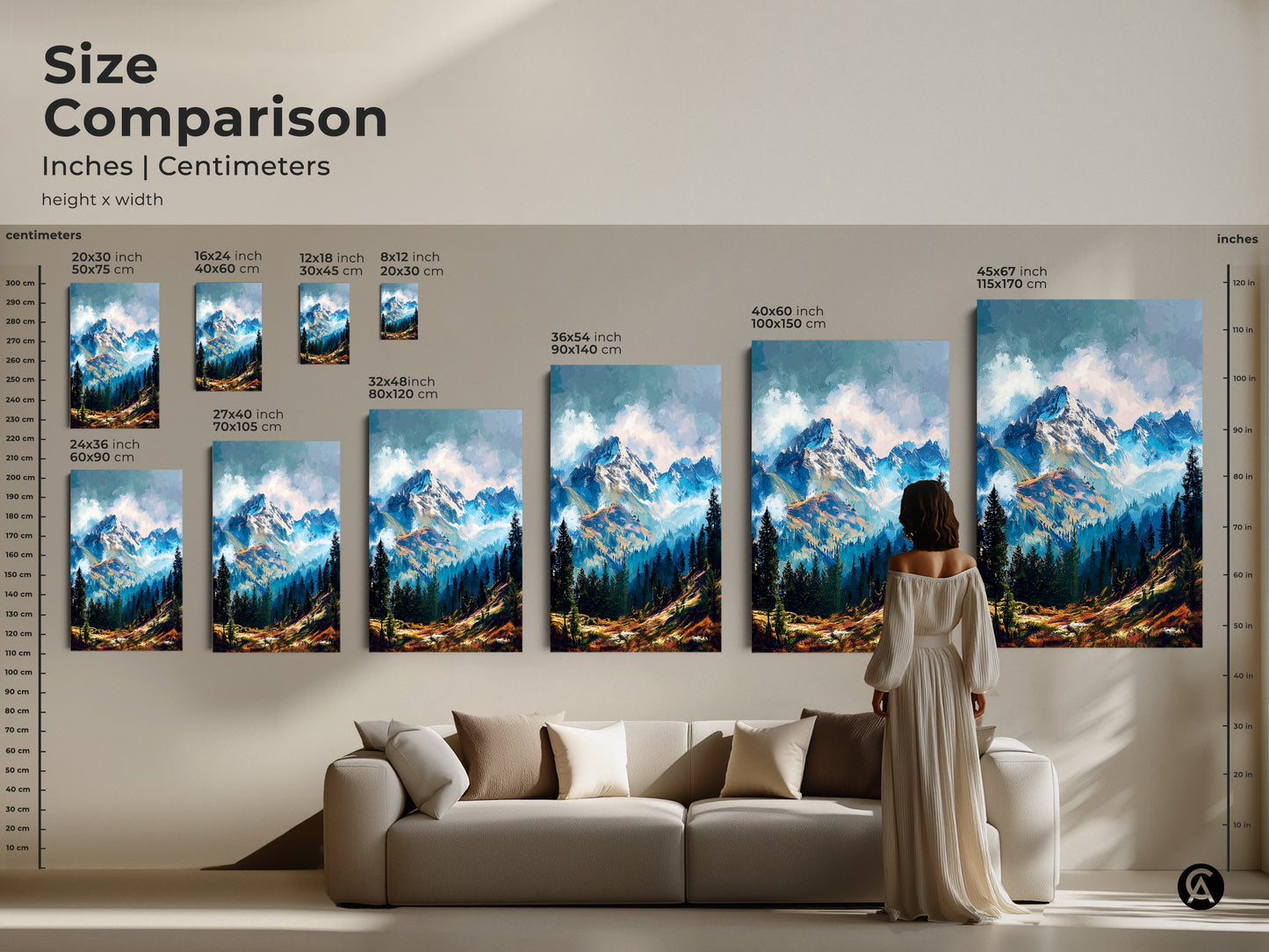 Compare sizes of mountain landscape artwork in inches and centimeters. Visualize how the artwork will look in your living space. Choose from a range of sizes to suit your wall. Transform your home with captivating mountain art.