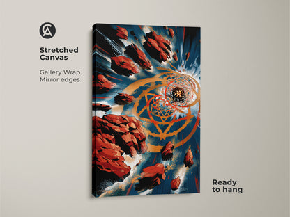 Stretched canvas of abstract geometric wall art with a gallery wrap and mirror edges. The modern orange gold and teal abstract print is ready to hang. Ideal office wall decor art
