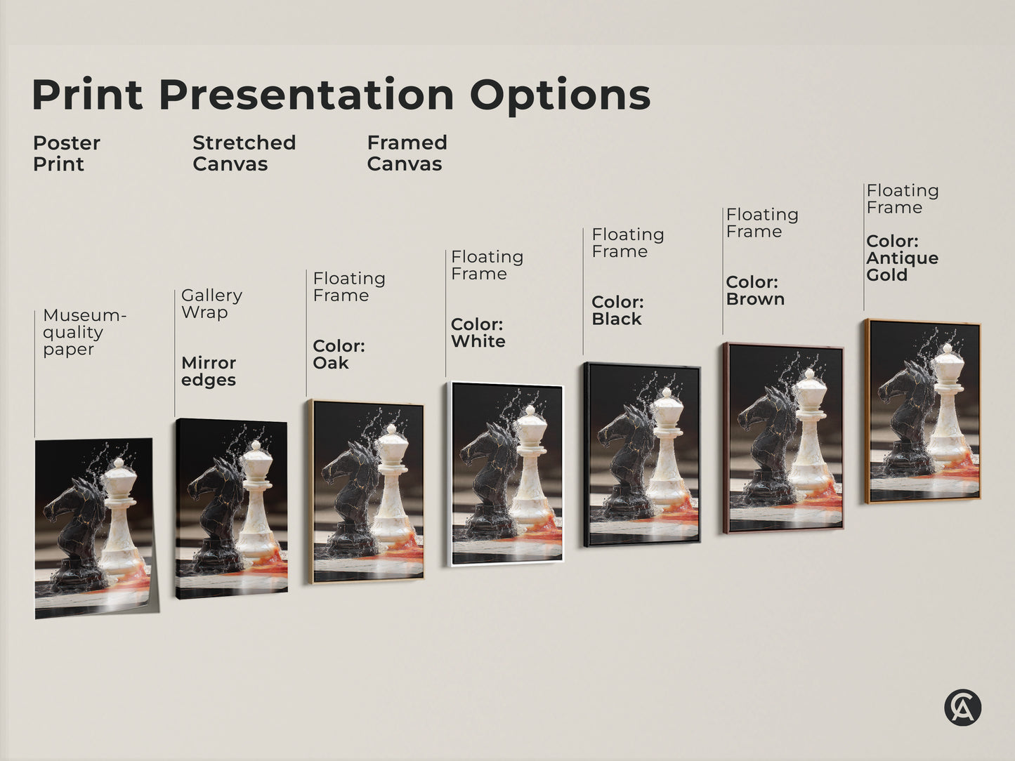 This print presentation showcases black knight and white queen chess artwork. Options include poster stretched and framed canvas prints. Select from museum quality paper to gallery wrapped canvas for intellectual wall hanging.