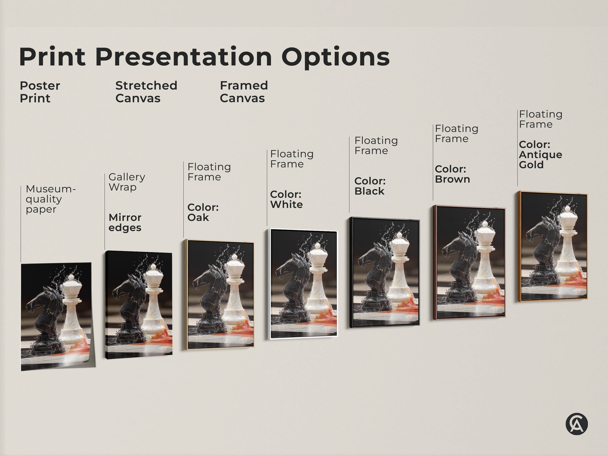 This print presentation showcases black knight and white queen chess artwork. Options include poster stretched and framed canvas prints. Select from museum quality paper to gallery wrapped canvas for intellectual wall hanging.