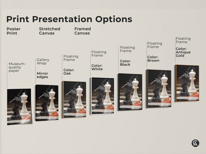 This print presentation showcases black knight and white queen chess artwork. Options include poster stretched and framed canvas prints. Select from museum quality paper to gallery wrapped canvas for intellectual wall hanging.
