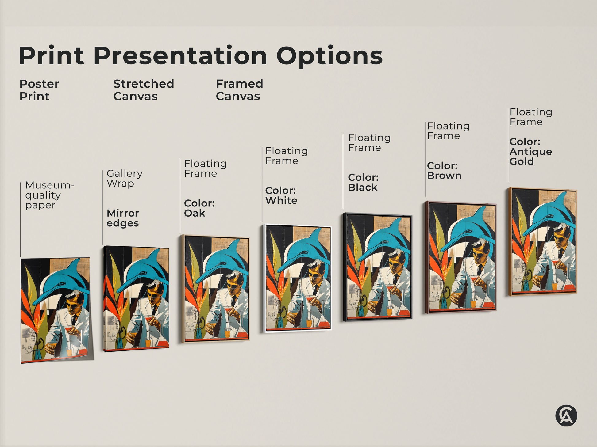 This print presentation options photo shows a poster print stretched canvas and framed canvas. The artwork featured is a surreal blend of retro futurism and marine life featuring a dolphin and a scientist. Great museum quality paper art that has mirror edges ready to hang.