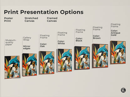 This print presentation options photo shows a poster print stretched canvas and framed canvas. The artwork featured is a surreal blend of retro futurism and marine life featuring a dolphin and a scientist. Great museum quality paper art that has mirror edges ready to hang.