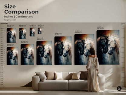 Size Comparison of Indigo Horse Art Prints. Inches and centimeters are shown. Sizes range from small to extra-large. The black and white equine artwork is suitable for various spaces. A unique animal art.