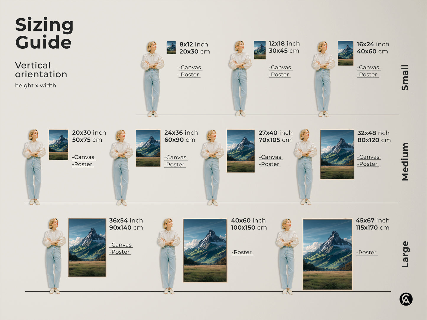 Sizing guide for the realistic mountain landscape canvas art. It shows vertical orientation height and width options. Available in canvas and poster prints for small medium and large sizes perfect for any space.