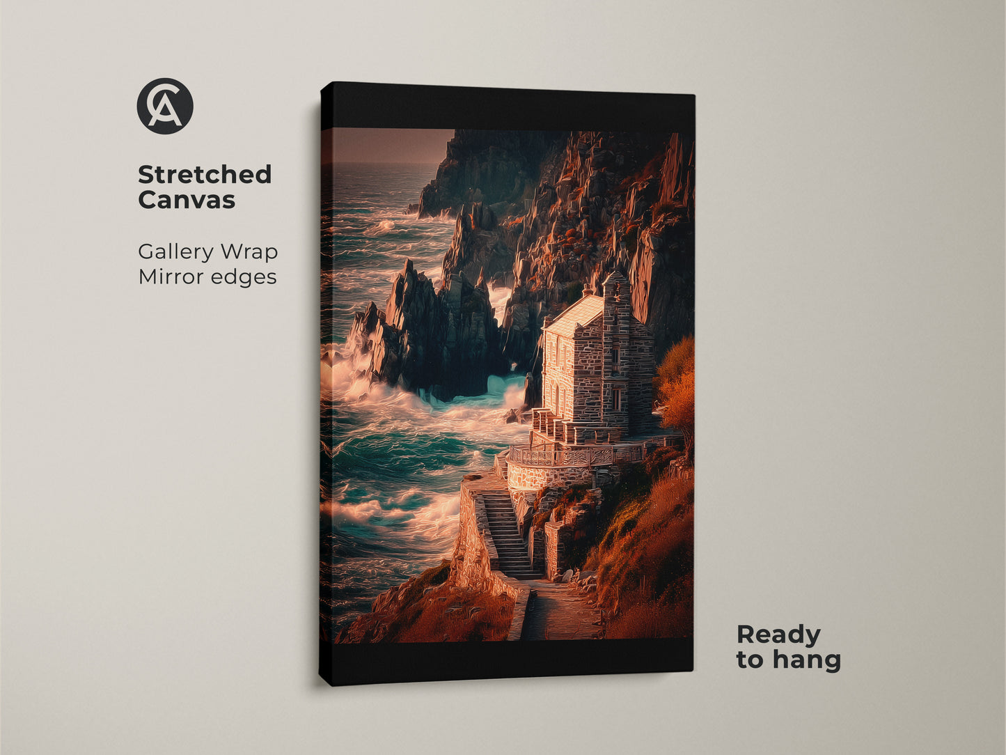 A gallery wrapped canvas of a rocky cliffs seascape. This deep blue ocean wall art features a stone house.  The nautical home decor gift is ready to hang with mirrored edges.
