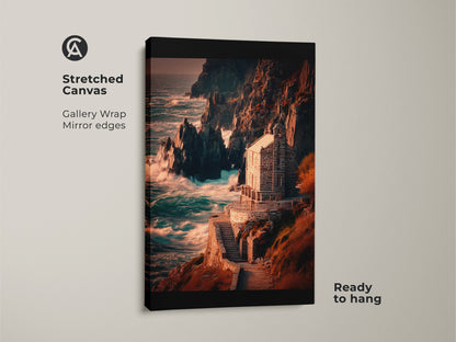 A gallery wrapped canvas of a rocky cliffs seascape. This deep blue ocean wall art features a stone house.  The nautical home decor gift is ready to hang with mirrored edges.
