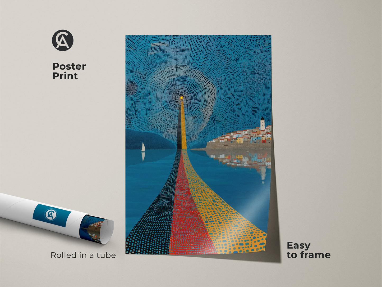 Poster print of abstract lighthouse artwork. The pointillism art shows a coastal landscape in blue yellow and red. Geometric cityscape print is easy to frame. This modern abstract canvas is ideal seaside town painting for art lovers.