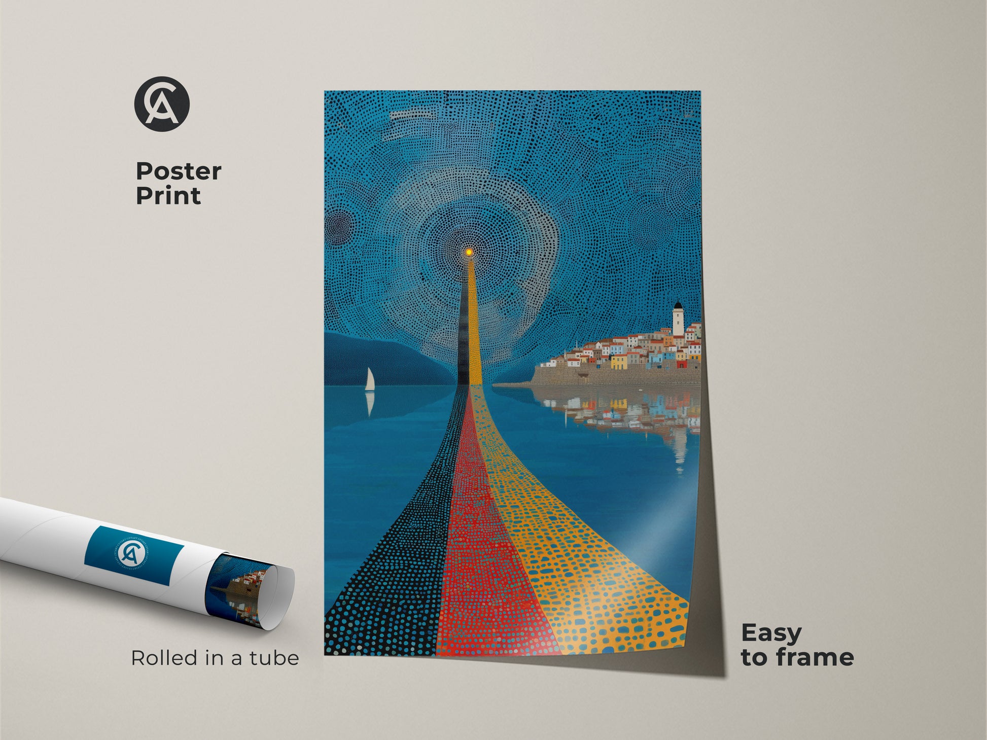 Poster print of abstract lighthouse artwork. The pointillism art shows a coastal landscape in blue yellow and red. Geometric cityscape print is easy to frame. This modern abstract canvas is ideal seaside town painting for art lovers.