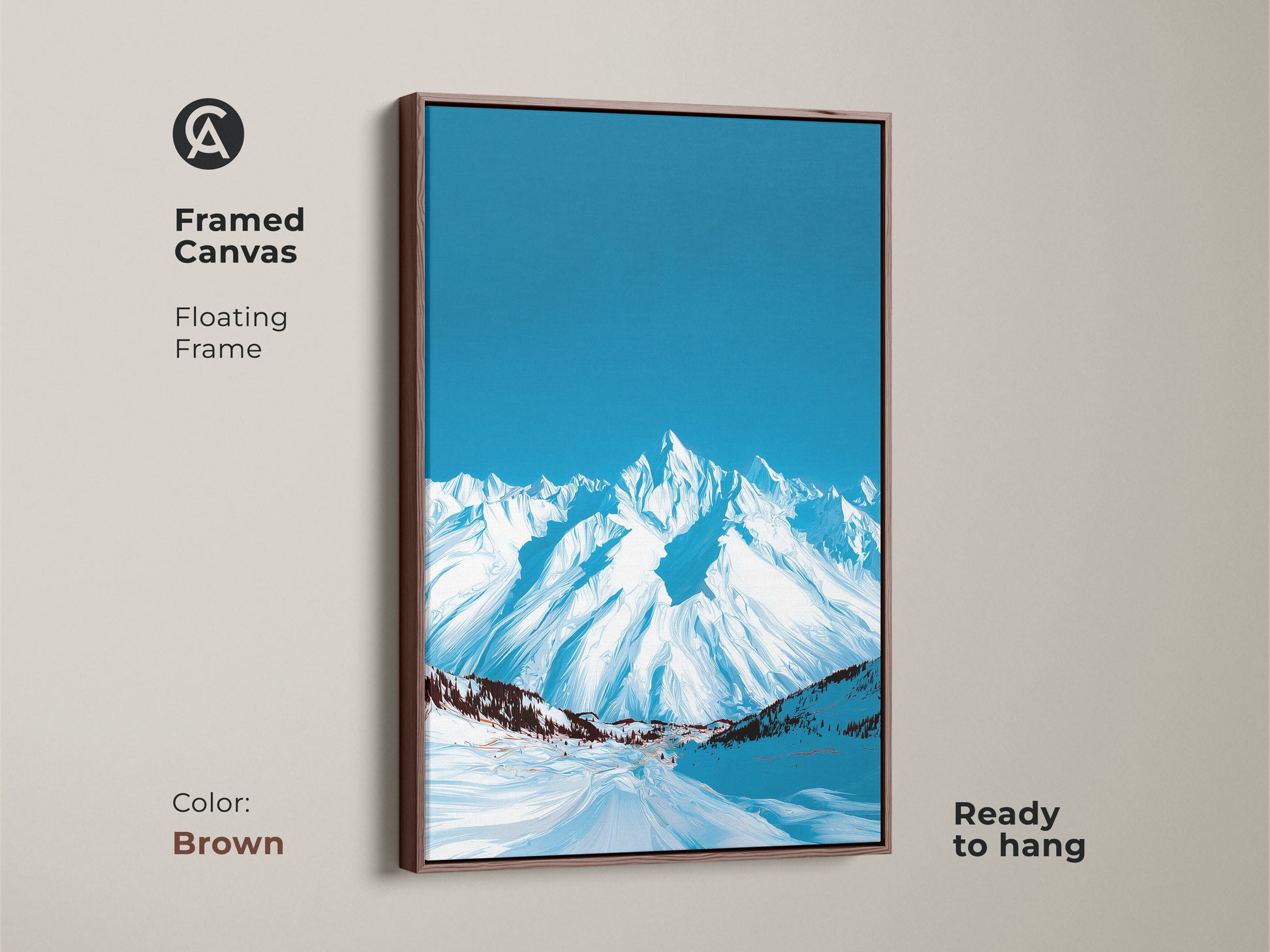 Brown framed canvas featuring an abstract snowy mountain. The deep blue sky enhances this winter landscape artwork. This contemporary piece is ready to hang adding nature-inspired decor.