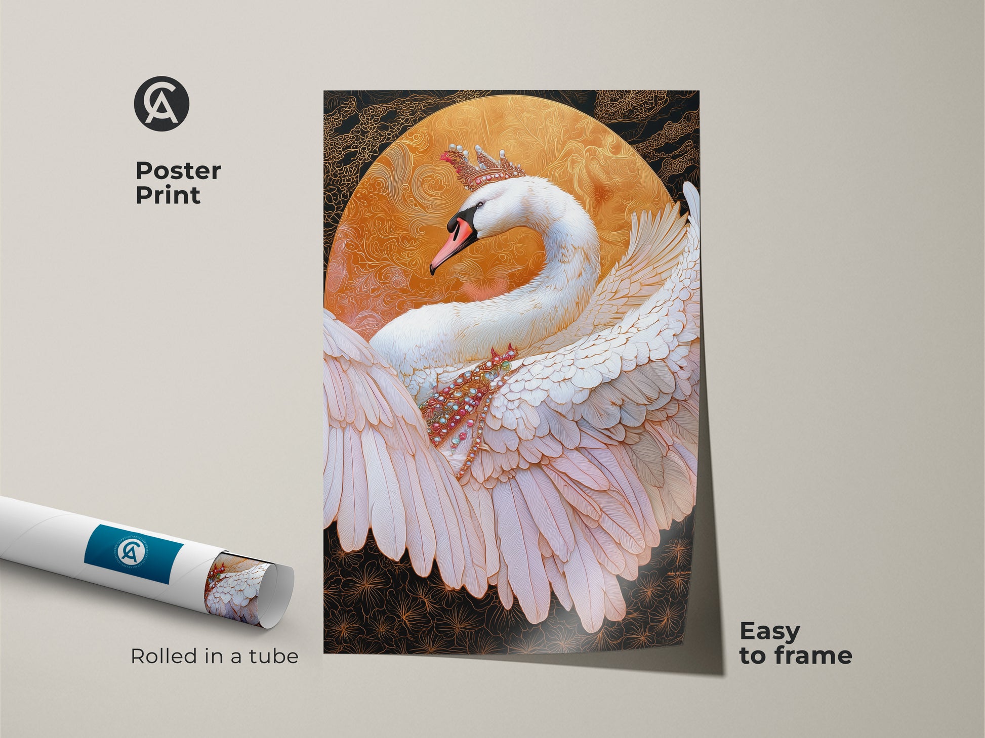Poster Print of crowned swan canvas. Regal swan wall art adds royal elegance. Fantasy bird artwork is perfect for a unique focal point. Gold and white swan is set against a black backdrop. Ornate animal print great for eclectic home decor. Easy to frame poster.
