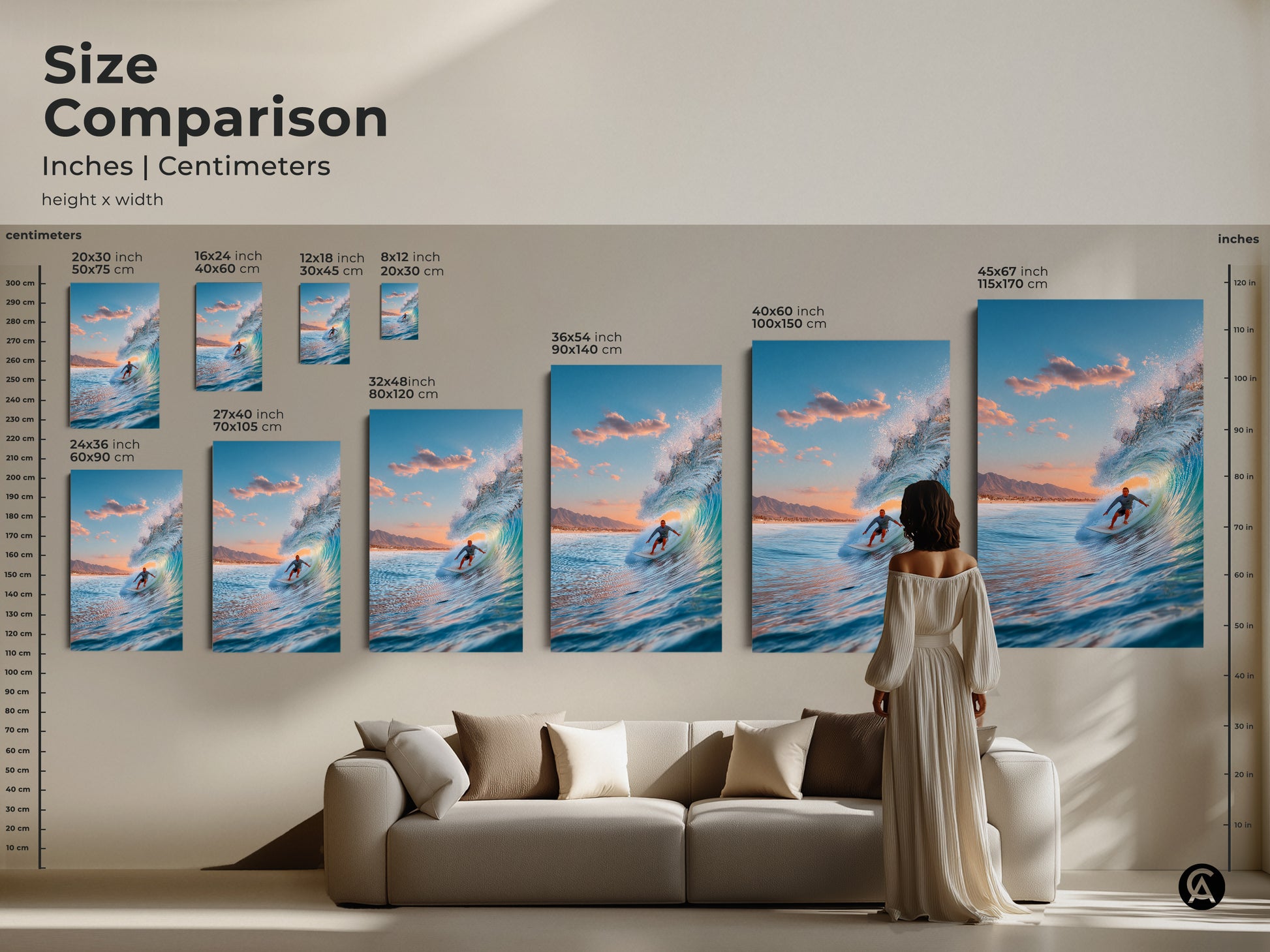 Size comparison of surfer art prints. See how the artwork looks in different sizes. Visualize the art in your living room. Find the perfect size to complement your space. Transform your home today.