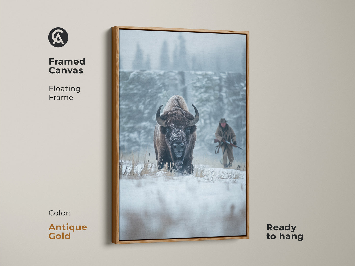 Framed canvas art featuring a bison in a snowy scene. The floating frame is antique gold. The artwork captures a bison and a hunter in winter. This ready-to-hang wildlife art piece adds elegance to your space.