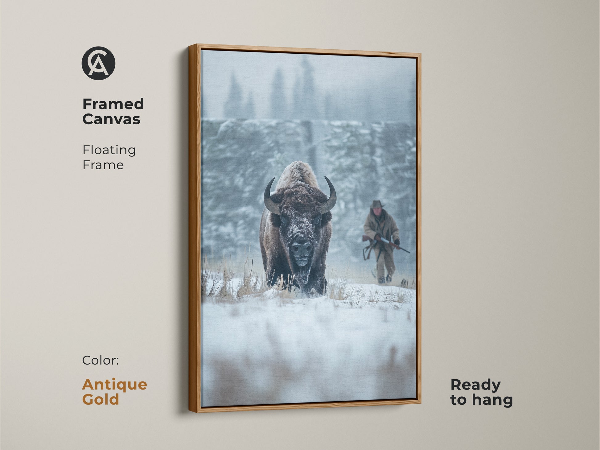 Framed canvas art featuring a bison in a snowy scene. The floating frame is antique gold. The artwork captures a bison and a hunter in winter. This ready-to-hang wildlife art piece adds elegance to your space.
