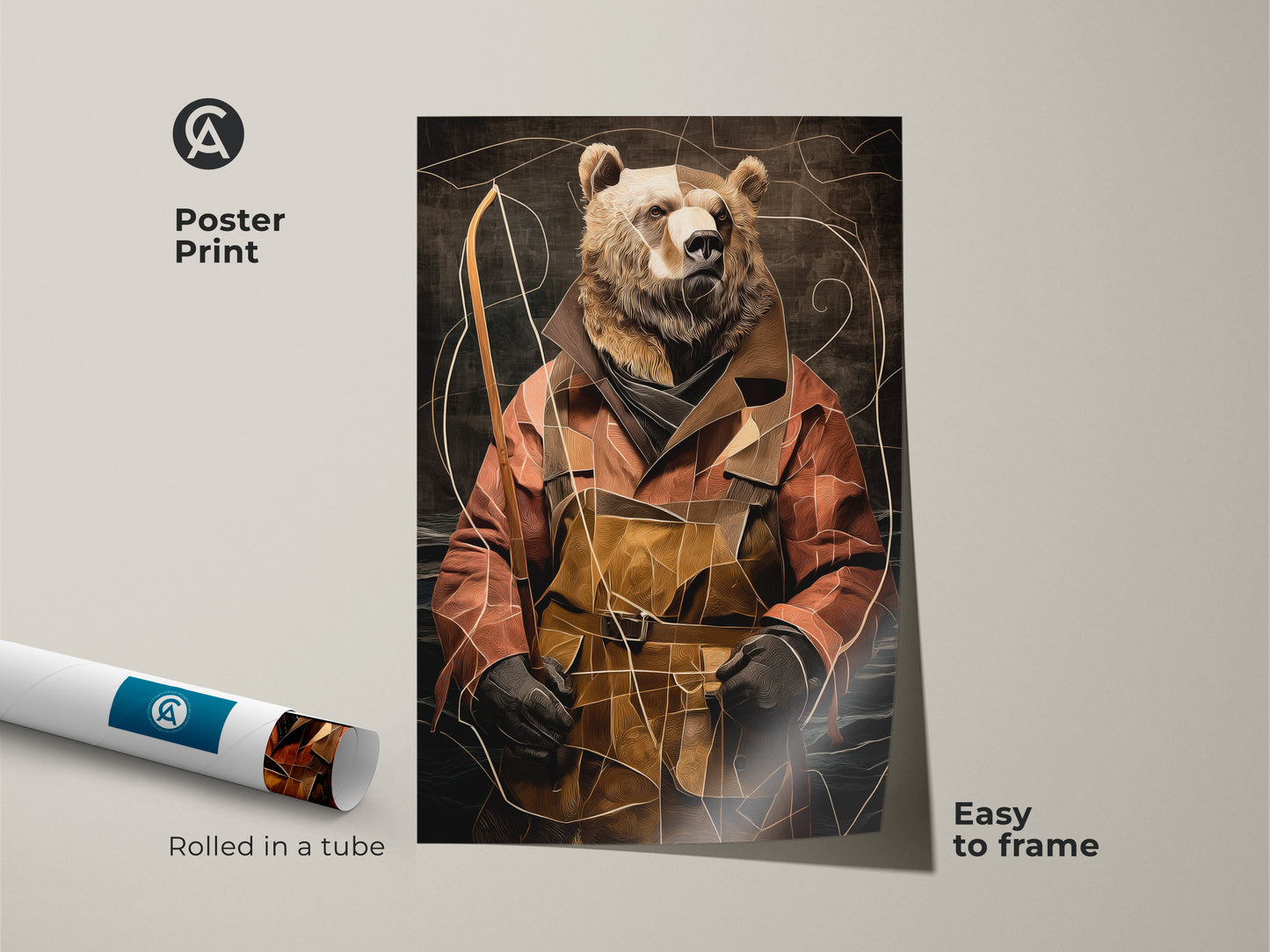 Poster Print features an abstract bear art print rolled in a tube ready to frame. The terracotta gold wall art adds a unique touch to any room. This fisherman bear artwork brings an eclectic animal portrait to your study. It makes an ideal nature-inspired birthday gift.