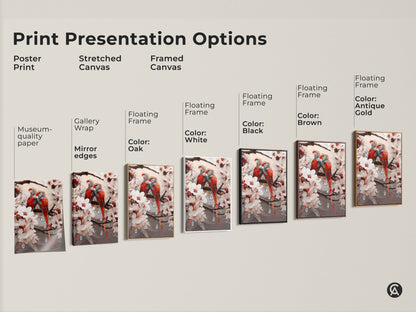 Presentation options for canvas and poster prints. The artwork features parrots and cherry blossoms. Frame colors include black brown antique gold white and oak. Gallery wrap and museum-quality paper options.