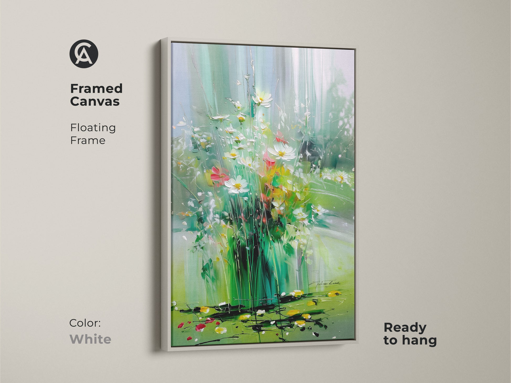 Impressionistic floral canvas in a white floating frame. Emerald and lime green botanical artwork enhances boho decor. Ready to hang canvas print. Adds a fresh touch to any room with its nature-inspired design.