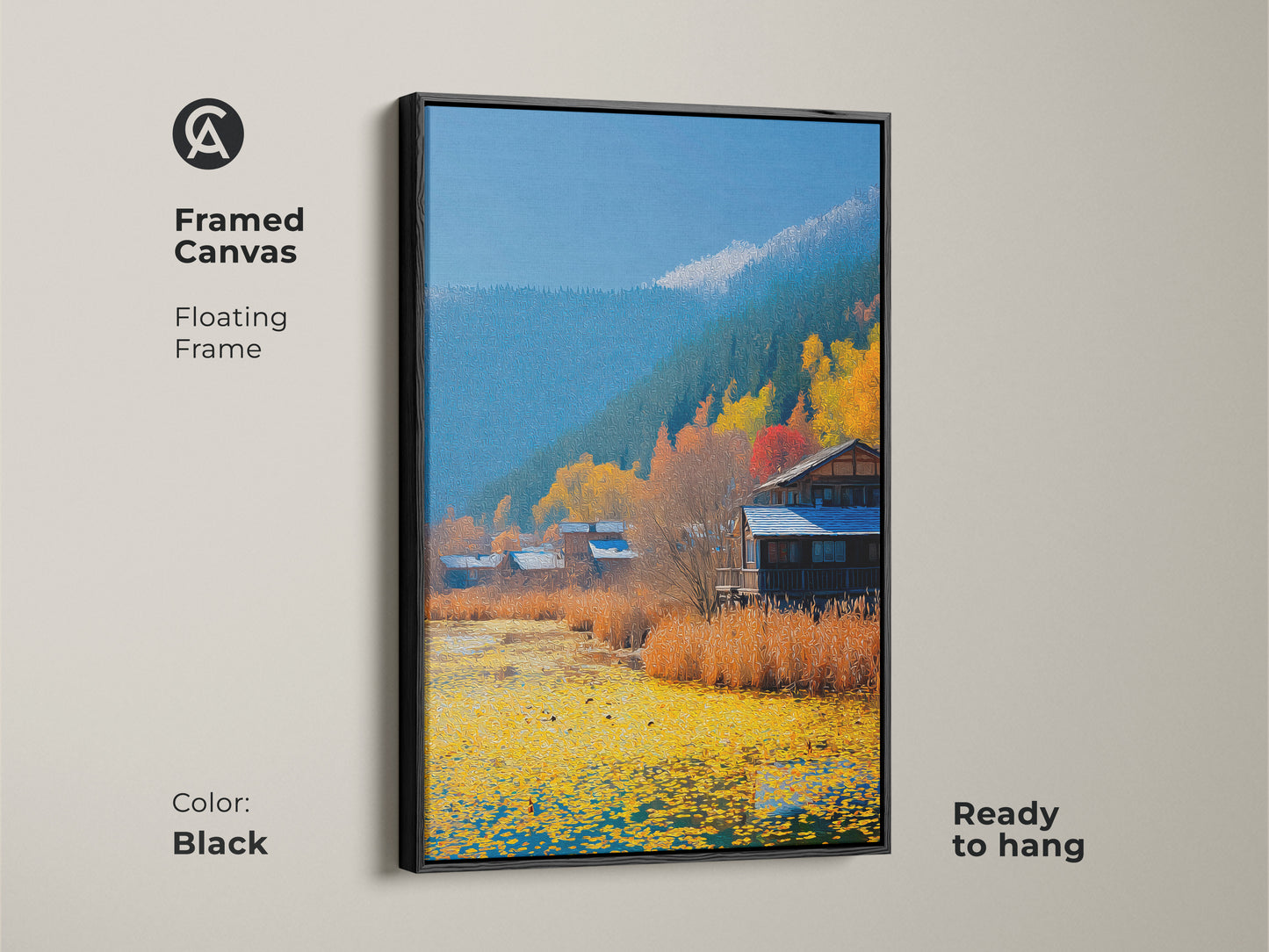 Framed Canvas art of a Rustic cabin landscape. Black floating frame around the Autumn lake scene wall art. Impressionistic nature print is ready to hang up.