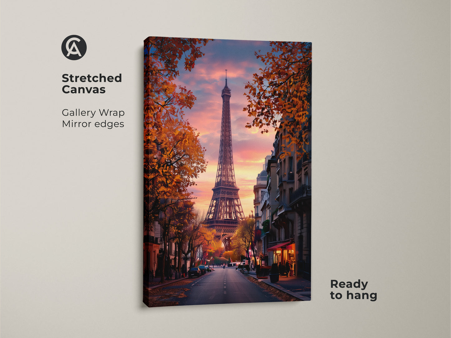 Stretched canvas Eiffel Tower wall art showcasing a Paris street scene. This romantic cityscape art print is ready to hang. The sunset sky bedroom decor adds charm. See the gallery wrap and mirror edges.