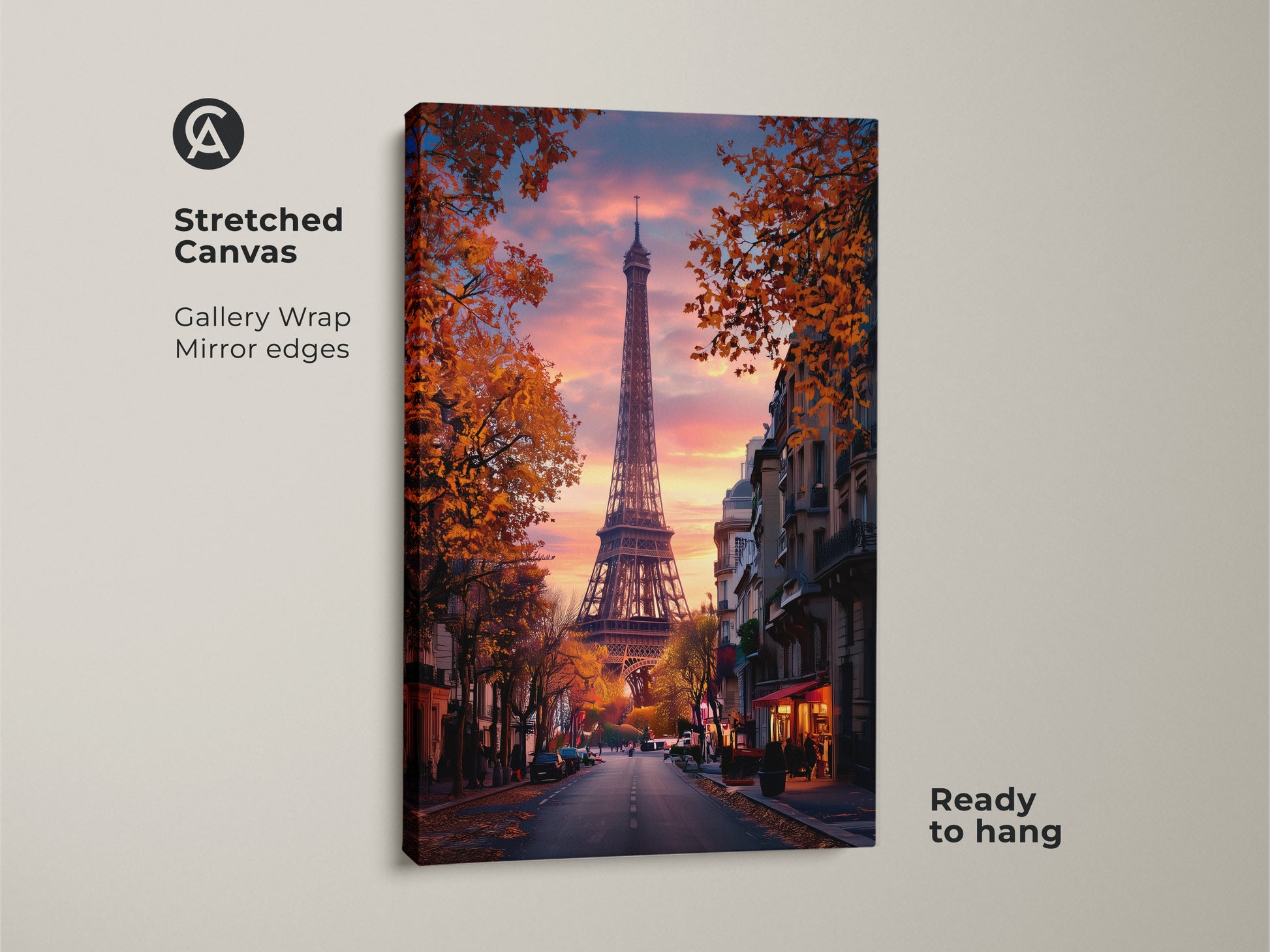 Stretched canvas Eiffel Tower wall art showcasing a Paris street scene. This romantic cityscape art print is ready to hang. The sunset sky bedroom decor adds charm. See the gallery wrap and mirror edges.