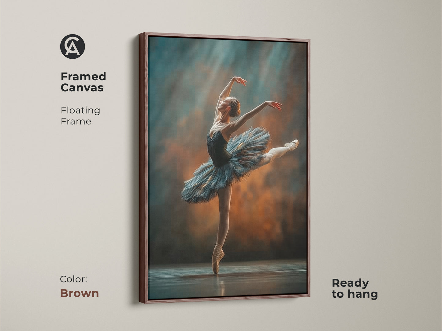 Framed canvas art of a ballerina in a brown floating frame. Ready to hang. The ballerina artwork features a dancer en pointe. She is wearing a blue tutu. The brown frame enhances the art's warm tones. This is a beautiful piece of ballet art.