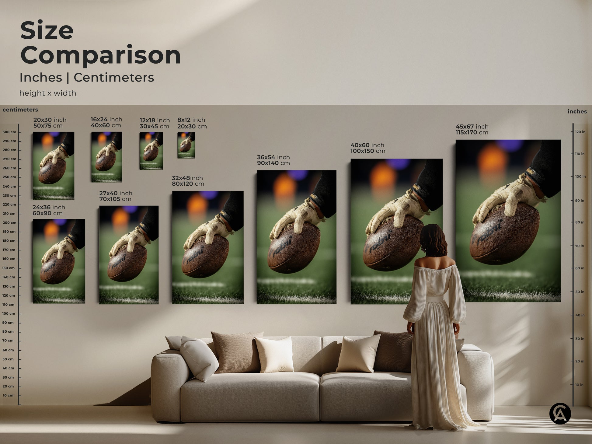 Size comparison of American Football art in inches and centimeters. See the artwork featuring a player's hand gripping the ball in various sizes. Perfect for planning wall decor in any room. Visualize the impact of this sports themed canvas in your space.