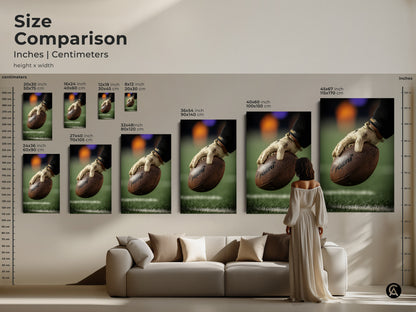 Size comparison of American Football art in inches and centimeters. See the artwork featuring a player's hand gripping the ball in various sizes. Perfect for planning wall decor in any room. Visualize the impact of this sports themed canvas in your space.