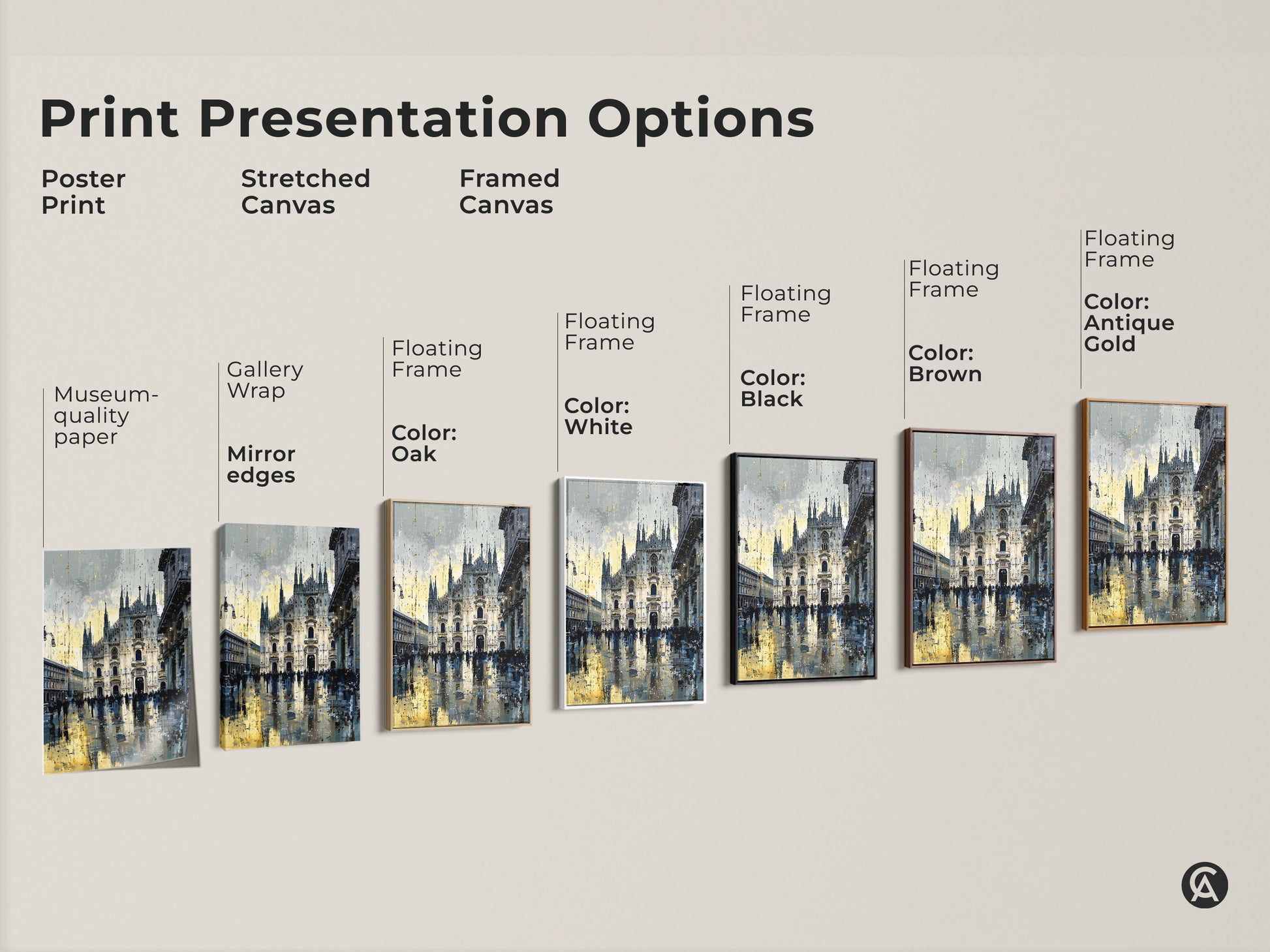 Explore print presentation options for Milan Cathedral artwork. Choose from poster print stretched canvas or framed canvas. Options include gallery wrap museum quality paper and floating frames. Blue yellow and gray urban cityscape art.