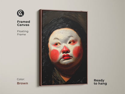 Framed canvas print of a Geisha in Kabuki makeup. A floating frame in brown enhances the artwork. The red white orange palette creates a warm feel. This Asian portrait art is ready to hang. Ideal for adding cultural art to your living space.