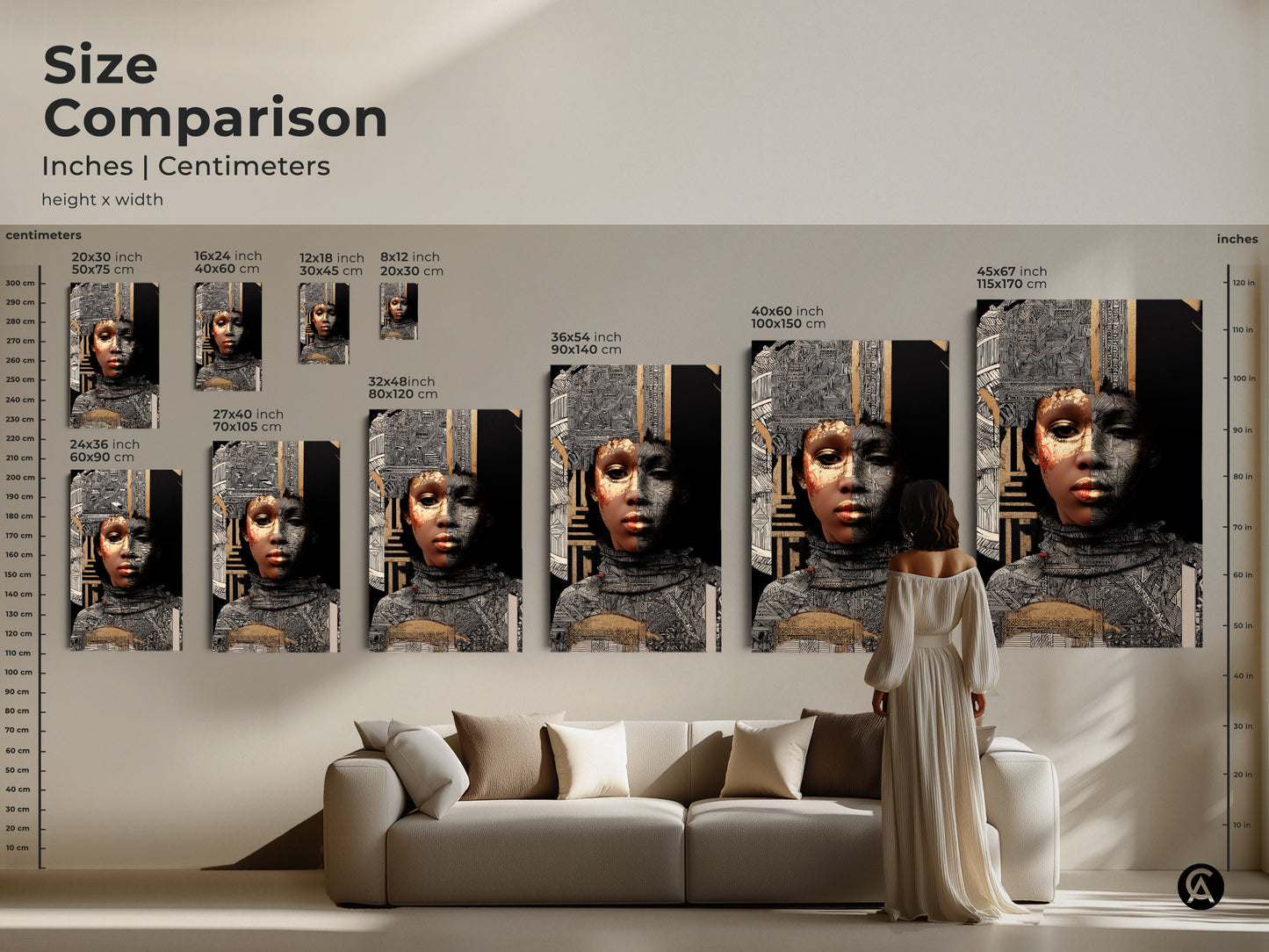 Size Comparison of the Abstract Gold Woman Art Print. This Afrofuturism portrait is shown in multiple sizes to fit any space. The eclectic mixed media artwork combines black white and gold geometric patterns creating a focal point in any room.