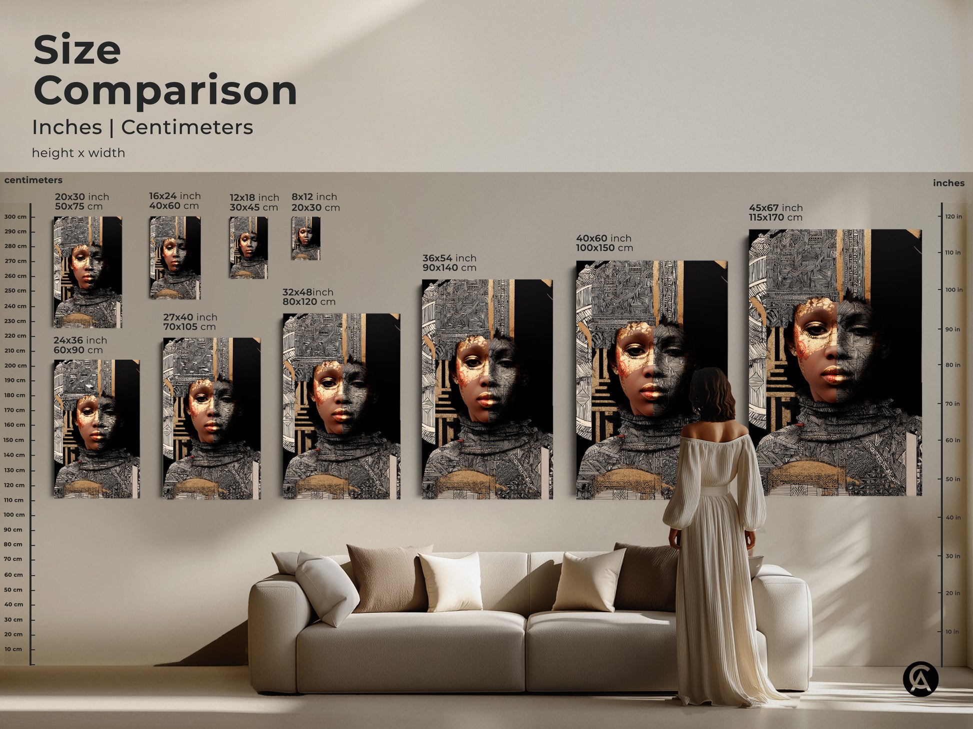 Size Comparison of the Abstract Gold Woman Art Print. This Afrofuturism portrait is shown in multiple sizes to fit any space. The eclectic mixed media artwork combines black white and gold geometric patterns creating a focal point in any room.