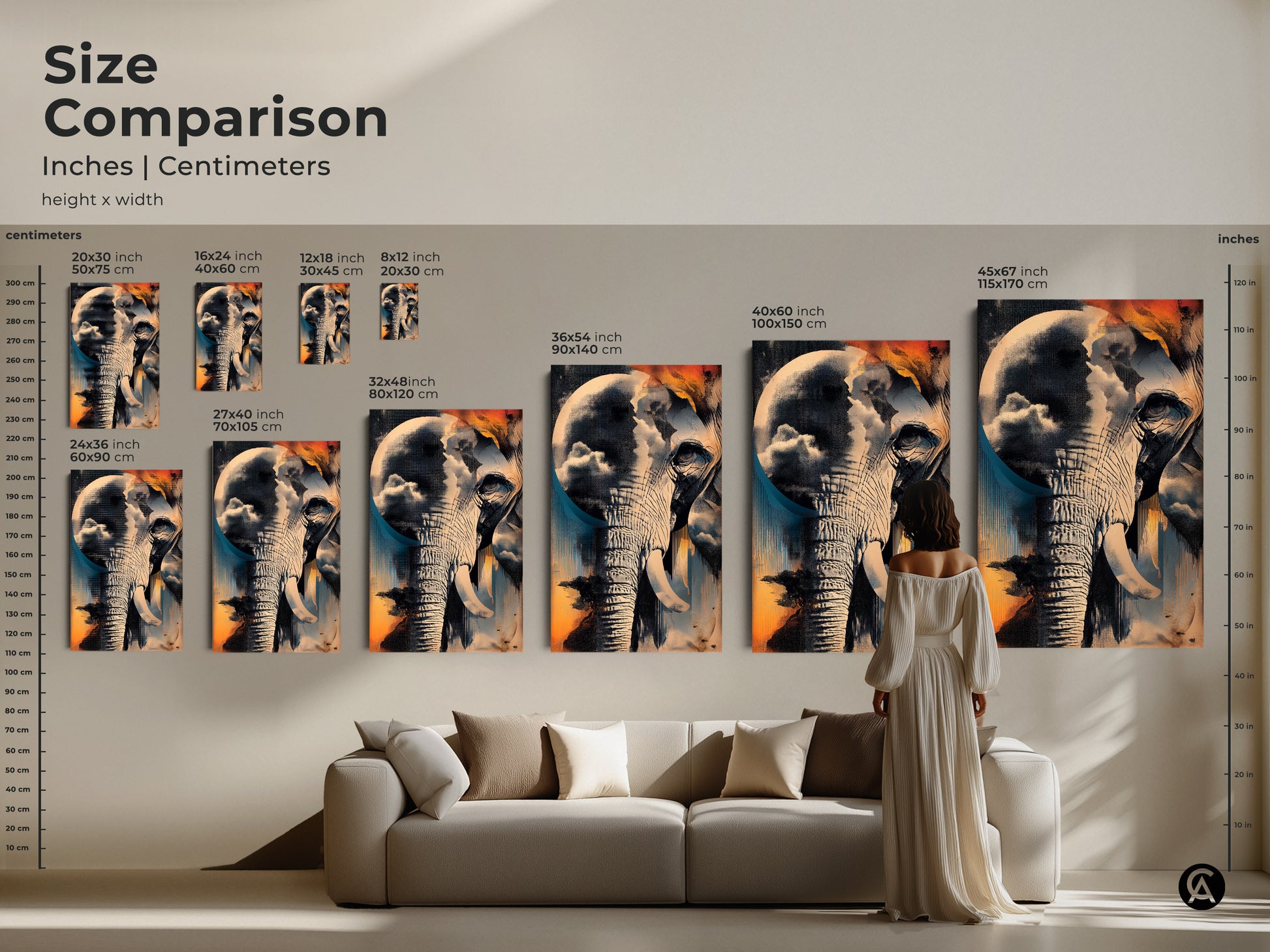 Size comparison of surreal abstract elephant canvas and poster art prints. Inches and centimeters marked against a model and sofa. See how the artwork scales in various sizes to fit your living space. Choose sizes from 20x30 cm to 45x67 inches for your home.