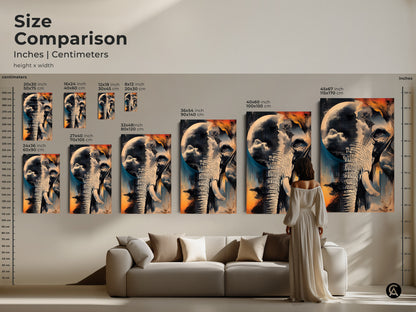Size comparison of surreal abstract elephant canvas and poster art prints. Inches and centimeters marked against a model and sofa. See how the artwork scales in various sizes to fit your living space. Choose sizes from 20x30 cm to 45x67 inches for your home.