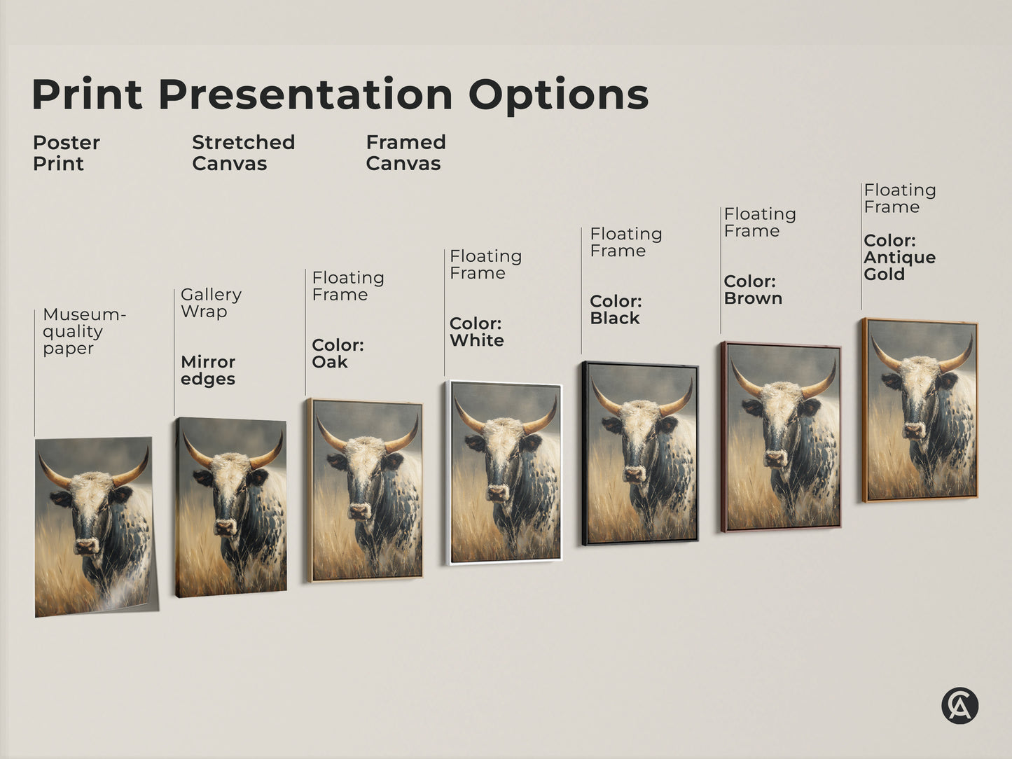 Print presentation options for the Longhorn Cow artwork. Available as a poster print stretched canvas and framed canvas. Options include black brown antique gold and oak frames. Perfect rustic animal art for any home.