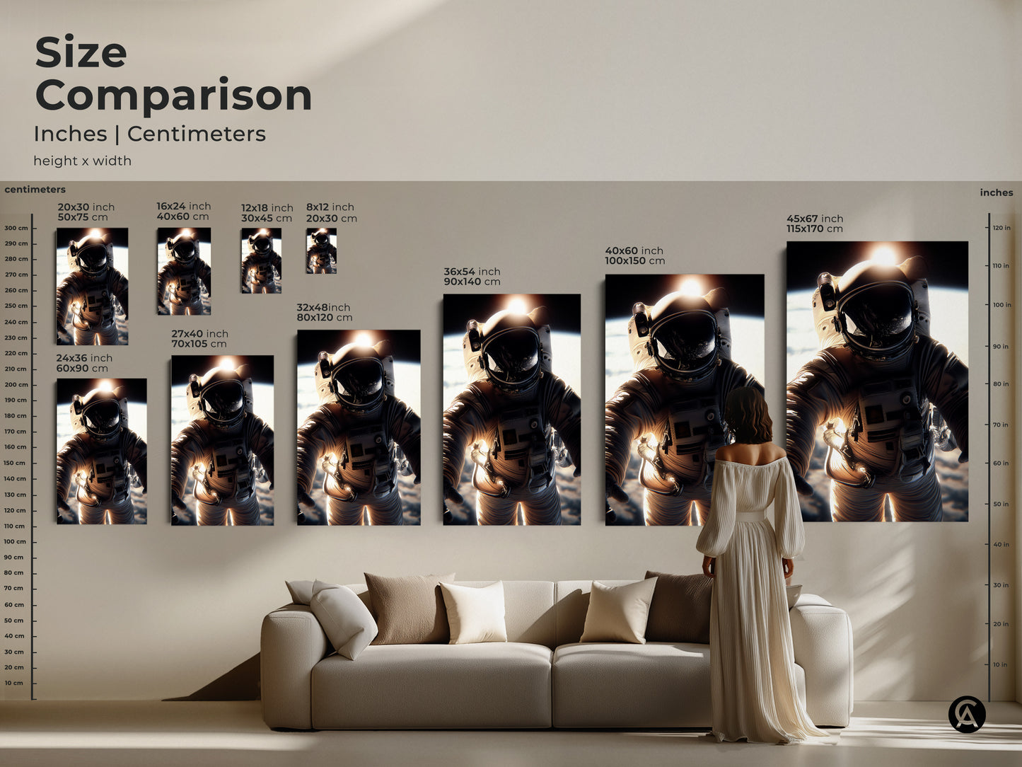 Size comparison of astronaut artwork in inches and centimeters. Options range from small to extra-large. Perfect for any room. Explore our space exploration canvas prints and posters today.