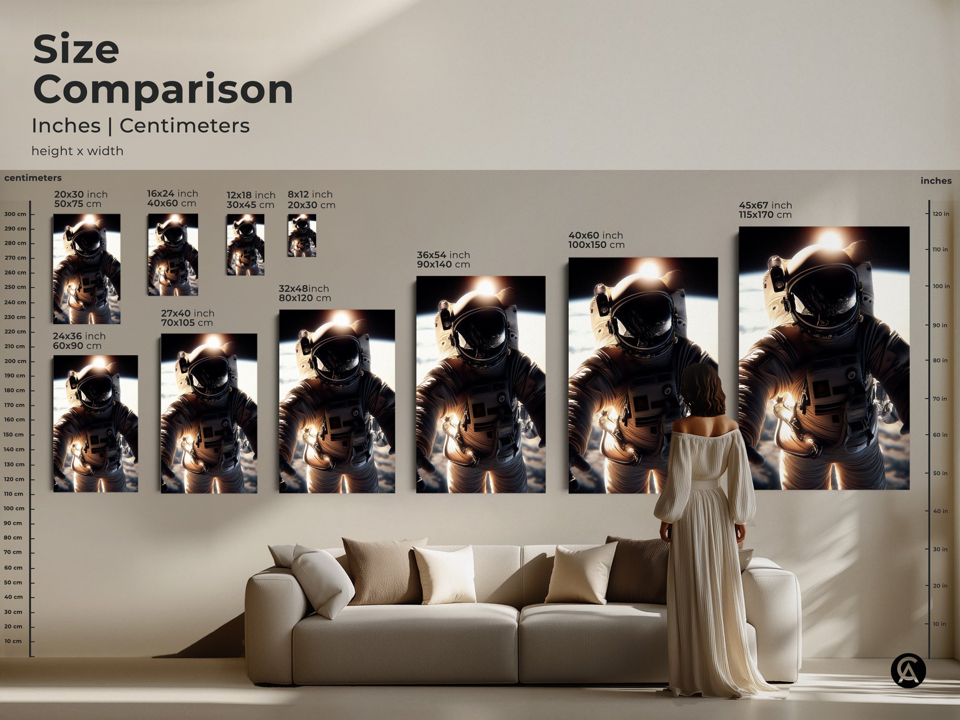 Size comparison of astronaut artwork in inches and centimeters. Options range from small to extra-large. Perfect for any room. Explore our space exploration canvas prints and posters today.