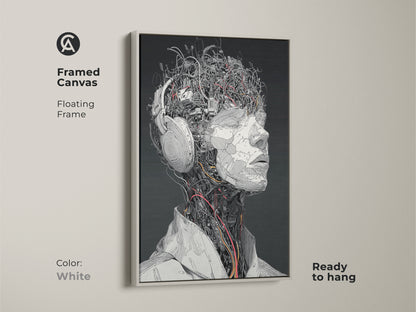 Framed canvas artwork of a cyborg head wearing headphones. The floating frame has a clean white finish. This art is ready to hang. The artwork has intricate mechanical details. This piece will complement any modern decor.