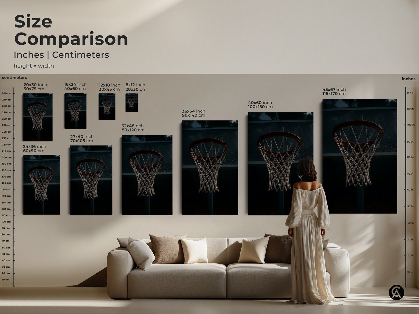 Size comparison of basketball hoop art prints. See how different sizes fit above a couch. Choose from canvas or poster options. Find the ideal scale for your sports wall decor. Enhance your living space with this industrial artwork.