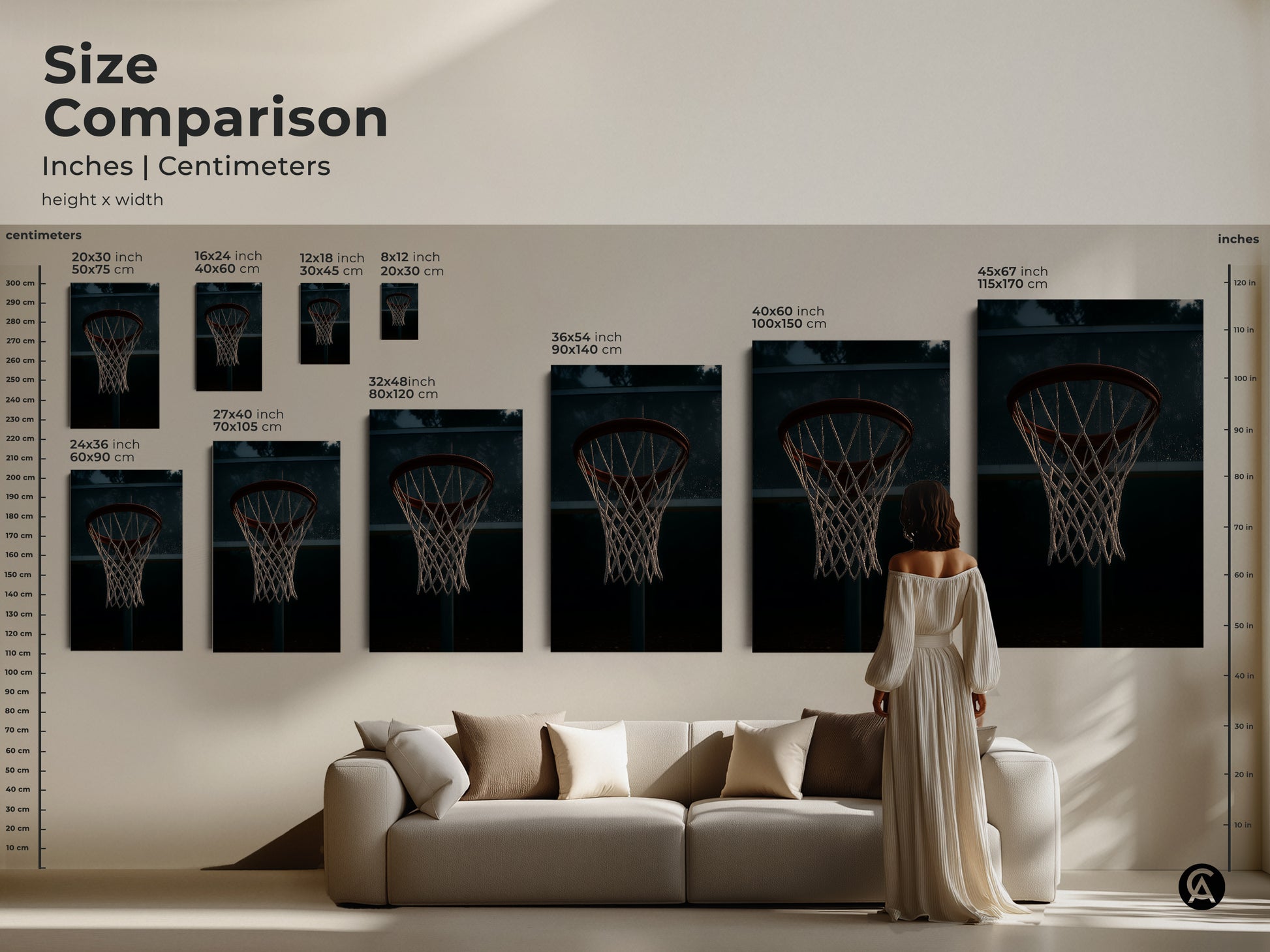Size comparison of basketball hoop art prints. See how different sizes fit above a couch. Choose from canvas or poster options. Find the ideal scale for your sports wall decor. Enhance your living space with this industrial artwork.